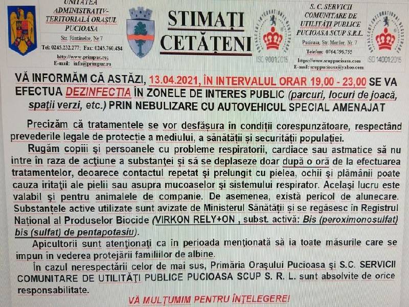 UAT Pucioasa si S.C. SERVICII COMUNITARE DE UTILITATI PUBLICE PUCIOASA SCUP S.R.L. continua eforturile pentru reducerea incidentei infestarii cu coronavirus